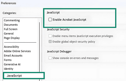 Imagen que muestra la opción de JavaScript en las preferencias de Acrobat.