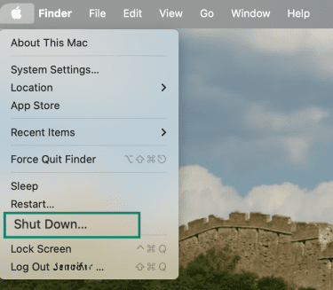 Apple-Menü open in macOS with Shut Down option highlighted